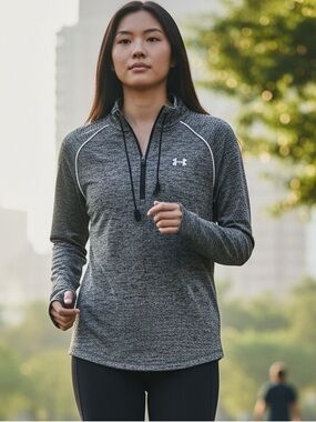3/$25 Under Armour Grey Quarter Zip Hoodie Sleeve Logo Running Yoga Athletic